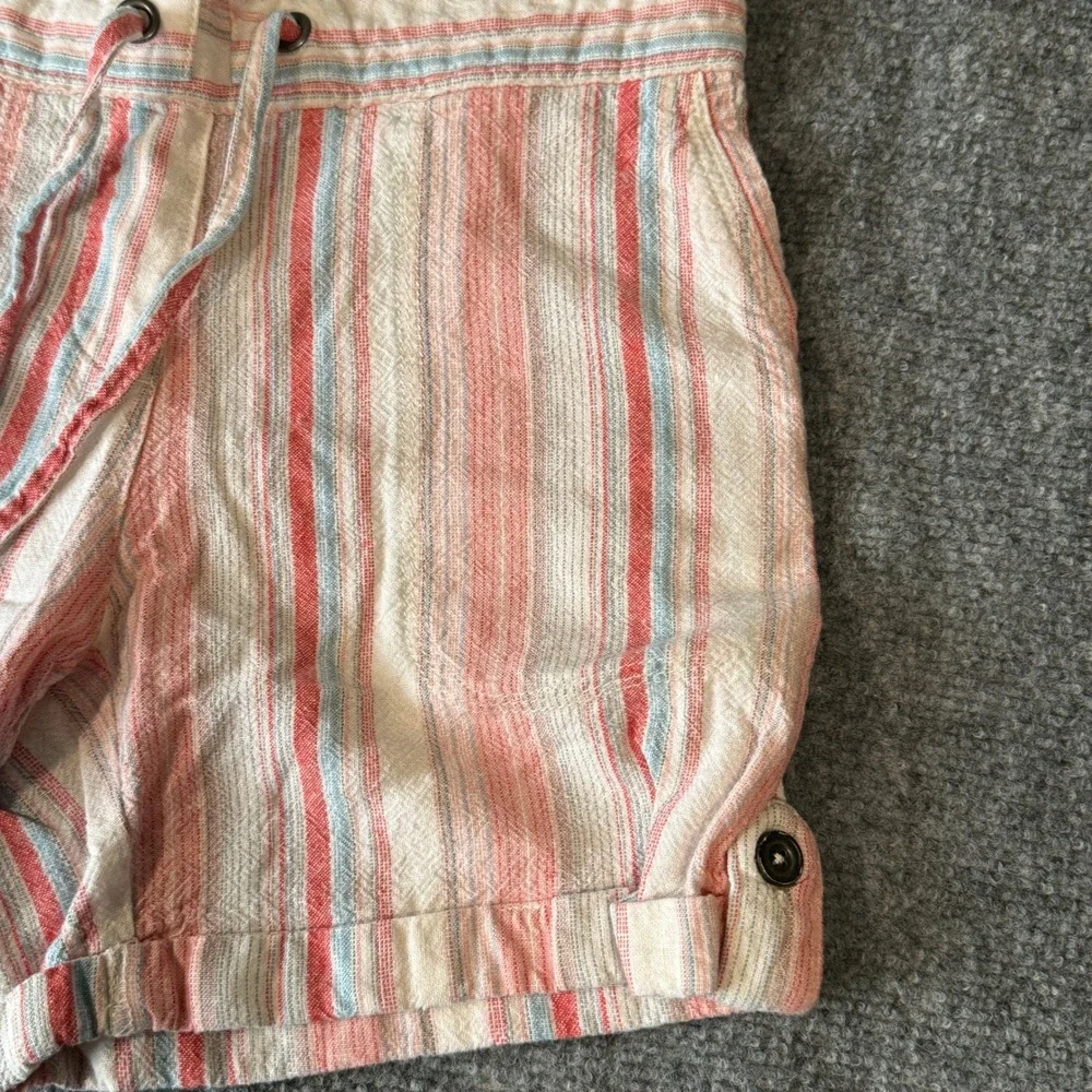 Per Se Linen Blend Striped Shorts Womens‎ Small Coral Blue Cuffed Drawstring
